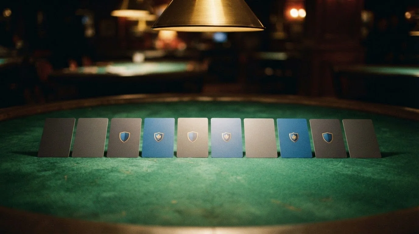 Dieci carte da gioco disposte a ventaglio, cinque con lo scudo ADM e cinque senza, su un tavolo da gioco verde