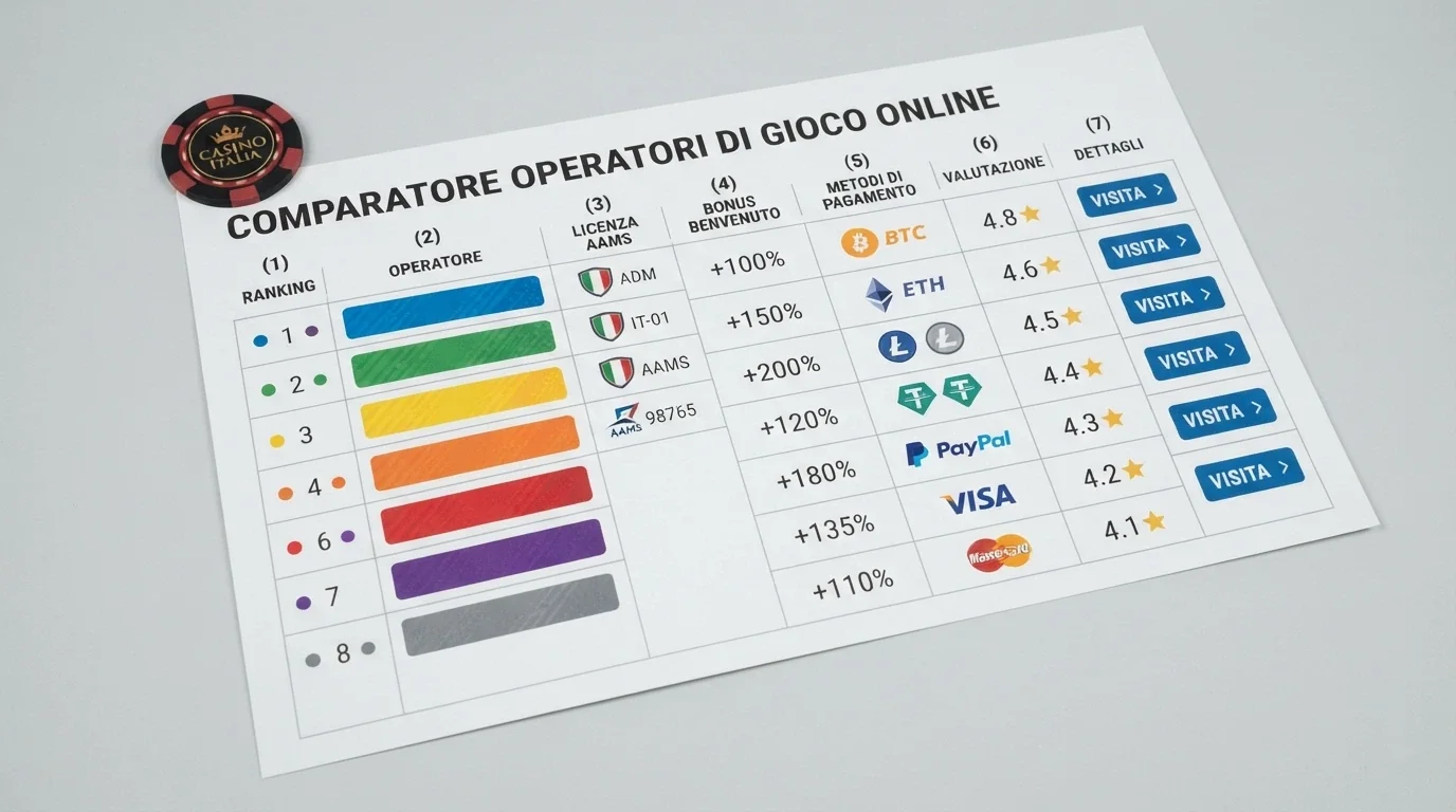 Una tabella comparativa stilizzata con icone di licenza, percentuali di bonus e simboli di criptovalute disposte in colonne ordinate