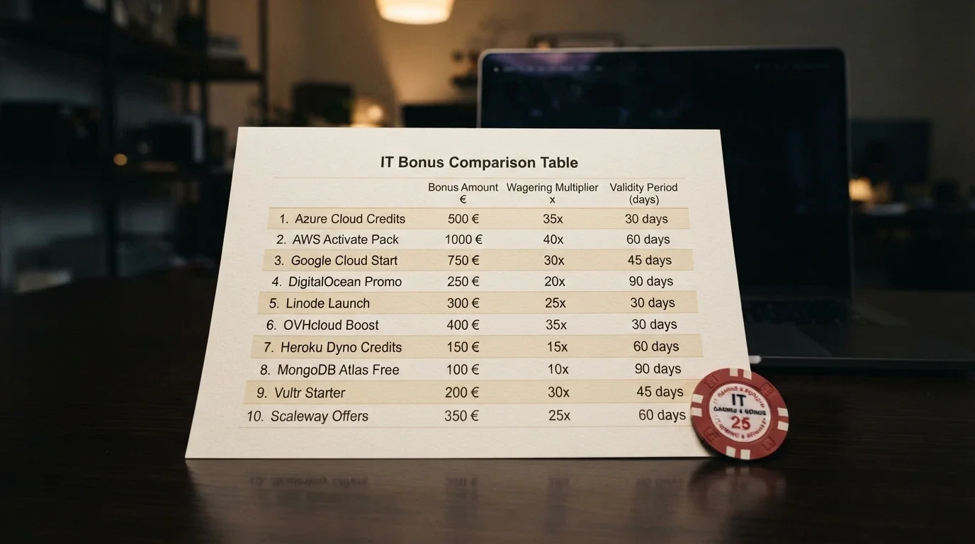 Una tabella comparativa stilizzata con 10 righe e le colonne principali — bonus, rollover, validità — appoggiata su uno sfondo di schermo da casinò spento