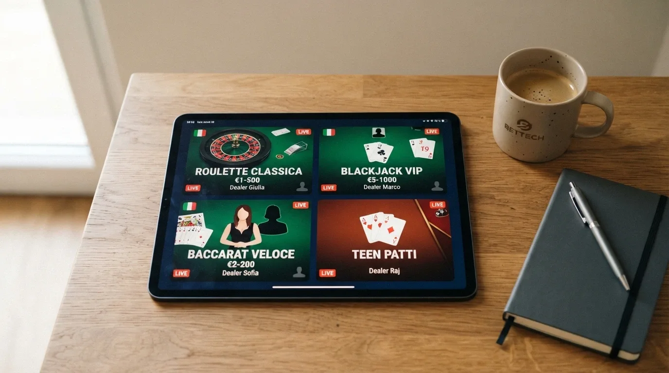 Una schermata di interfaccia di casinò live con la lobby dei tavoli: anteprime di roulette, blackjack e baccarat con dealer in streaming