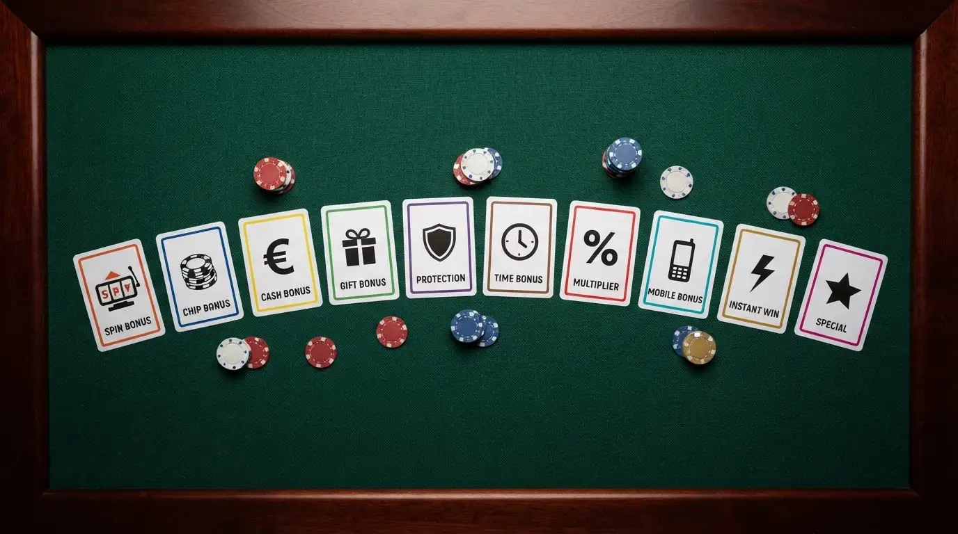 Vista dall'alto di un tavolo con dieci carte da gioco scoperte, ciascuna con il logo di un diverso casinò ADM e un'icona che ne rappresenta l'offerta senza deposito (giri gratis, credito, Real Bonus)