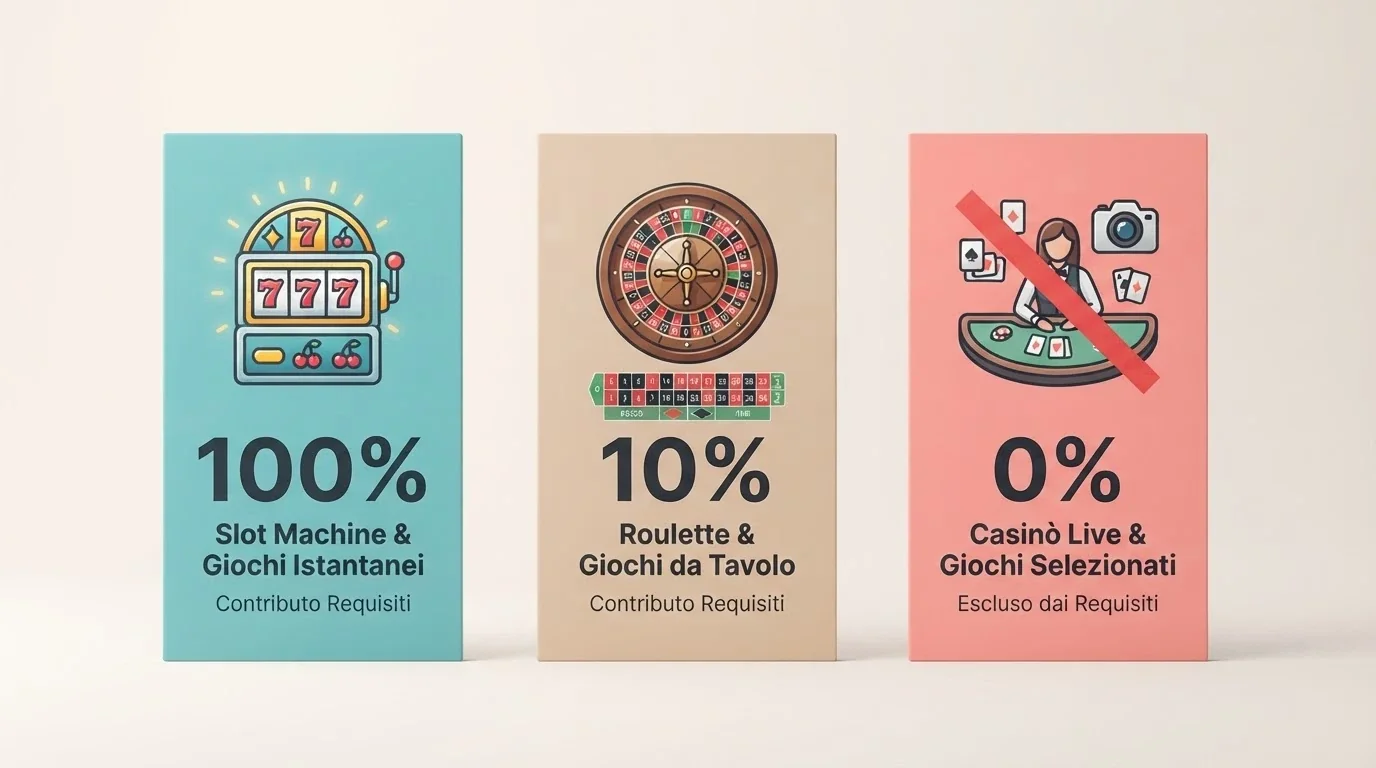 Tre colonne con icone: slot machine (100%), roulette (10%), live dealer con carta d'identità barrata (0%)