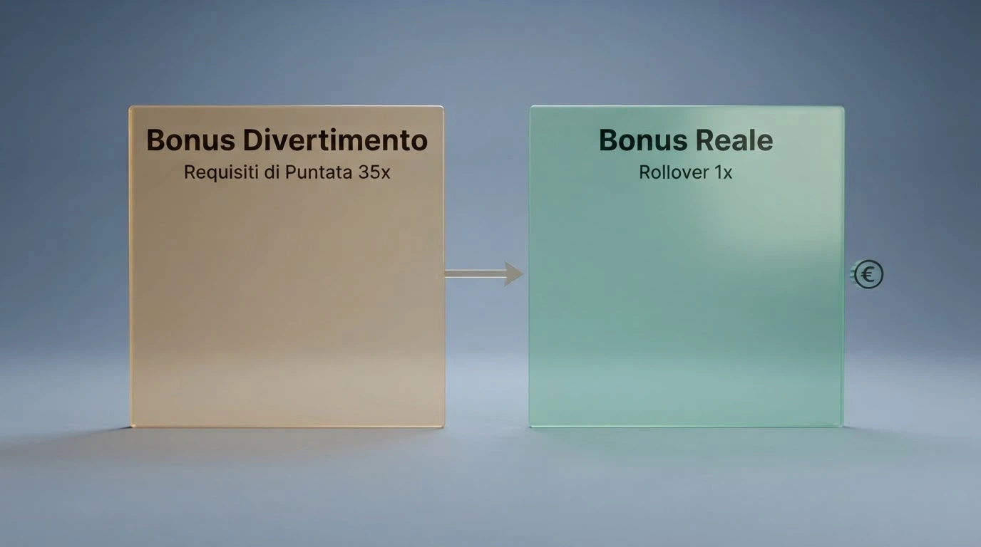 Schema a due fasi che illustra il percorso dal Fun Bonus al Real Bonus fino al saldo prelevabile, con le condizioni di wagering e il cap di conversione