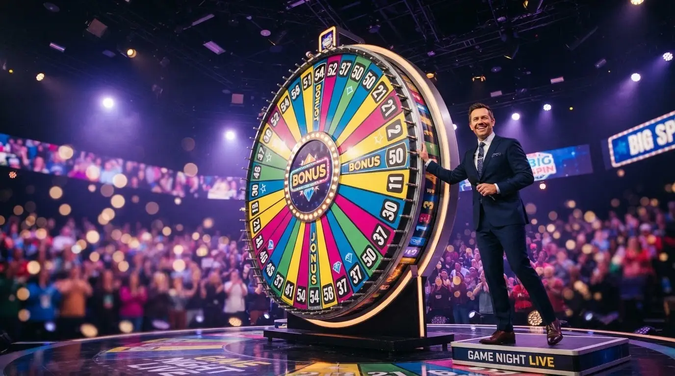 La ruota verticale di Crazy Time in studio televisivo con conduttore, segmenti colorati e pubblico virtuale