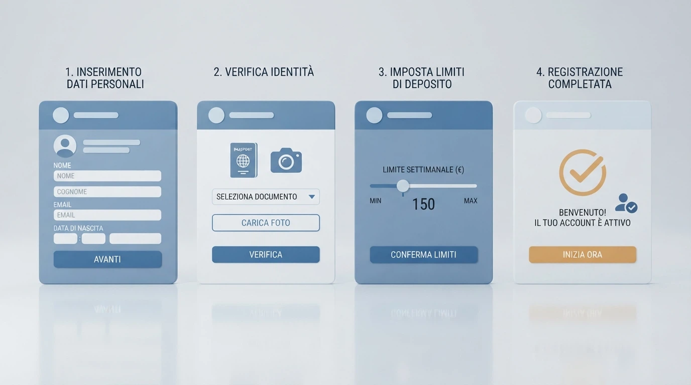 Le schermate progressive del processo di iscrizione a un casino online: form anagrafico, scelta metodo di verifica, impostazione limiti, conferma