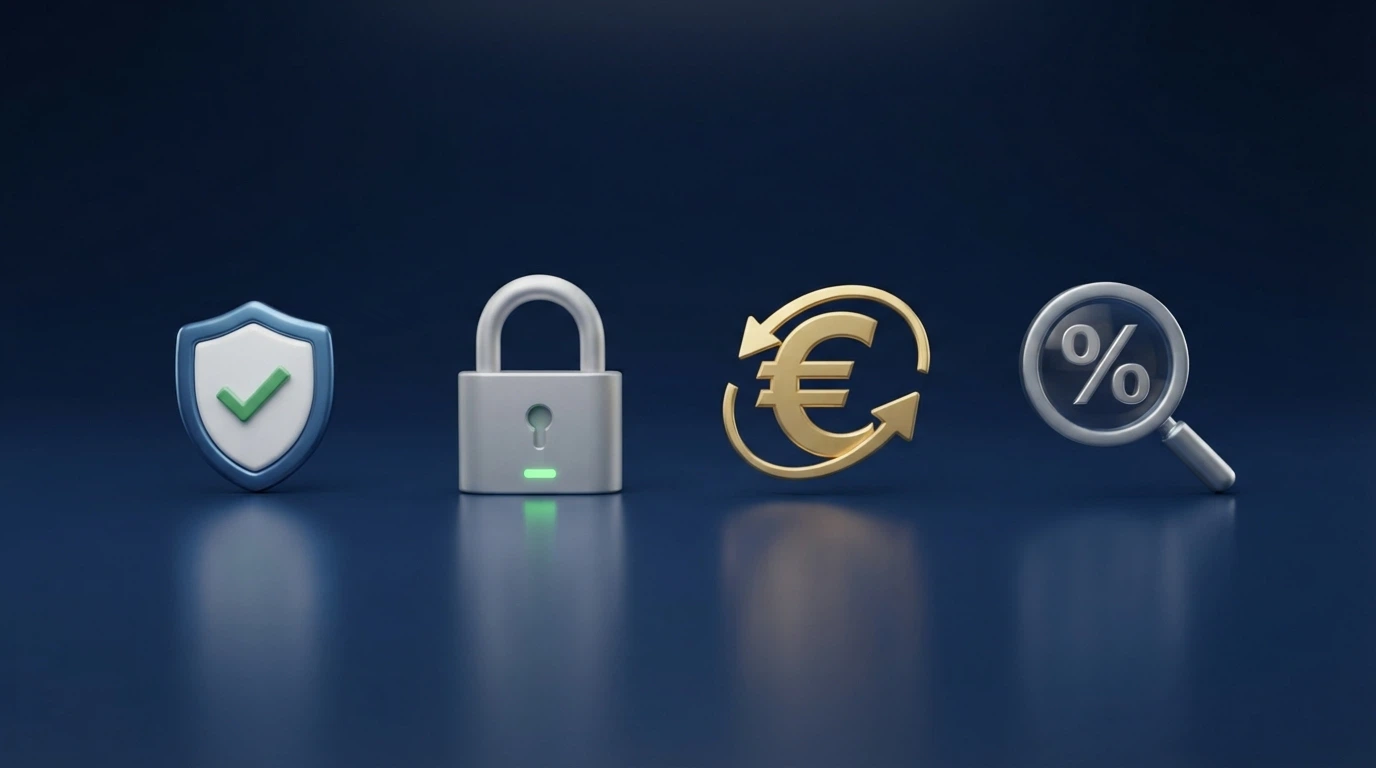 Quattro icone affiancate che rappresentano licenza, sicurezza SSL, pagamenti tracciati e trasparenza RTP