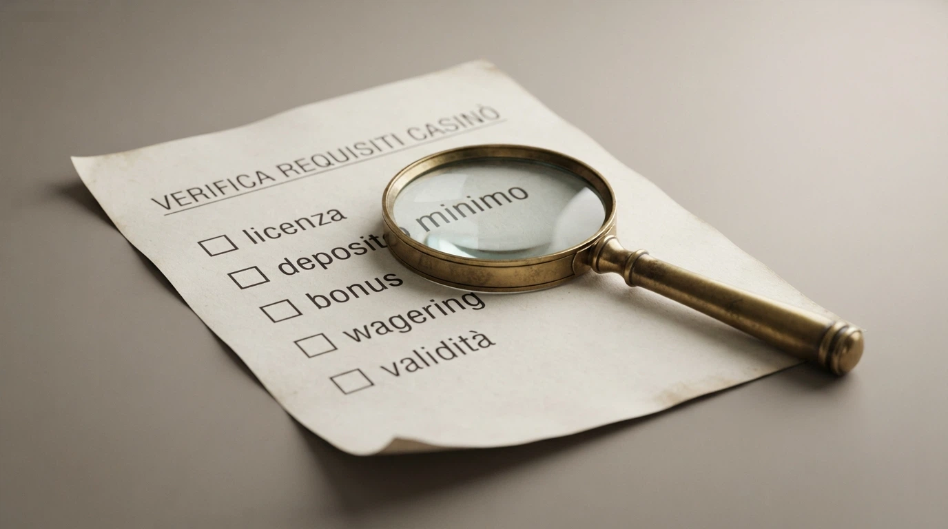 Una lente di ingrandimento su una lista di controllo con le voci: licenza ADM, deposito minimo, bonus, wagering, validità