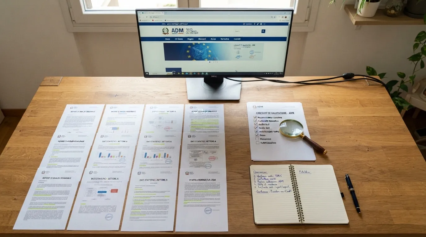 Una scrivania con documenti di ricerca, una lente di ingrandimento su una lista di controllo, il sito dell'ADM aperto su un monitor