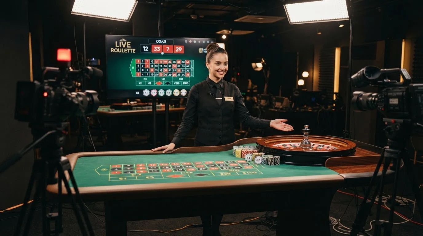 Un croupier reale in uno studio professionale con telecamere HD, tavolo da roulette e monitor che mostrano le puntate in tempo reale
