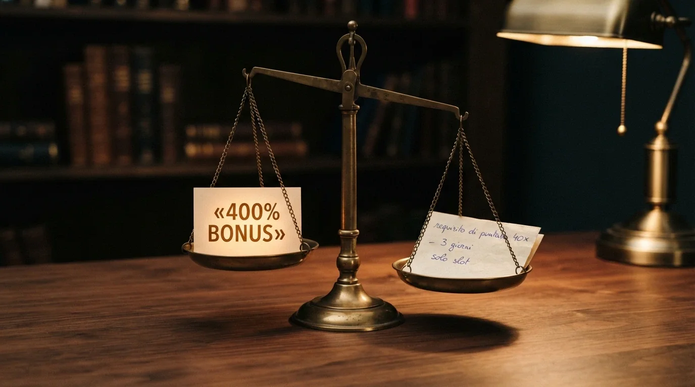 Una bilancia a due piatti: sul piatto sinistro una percentuale «400%» luminosa, sul destro un foglio con su scritto «wagering 40× / 3 giorni / solo slot» — la bilancia pende a destra