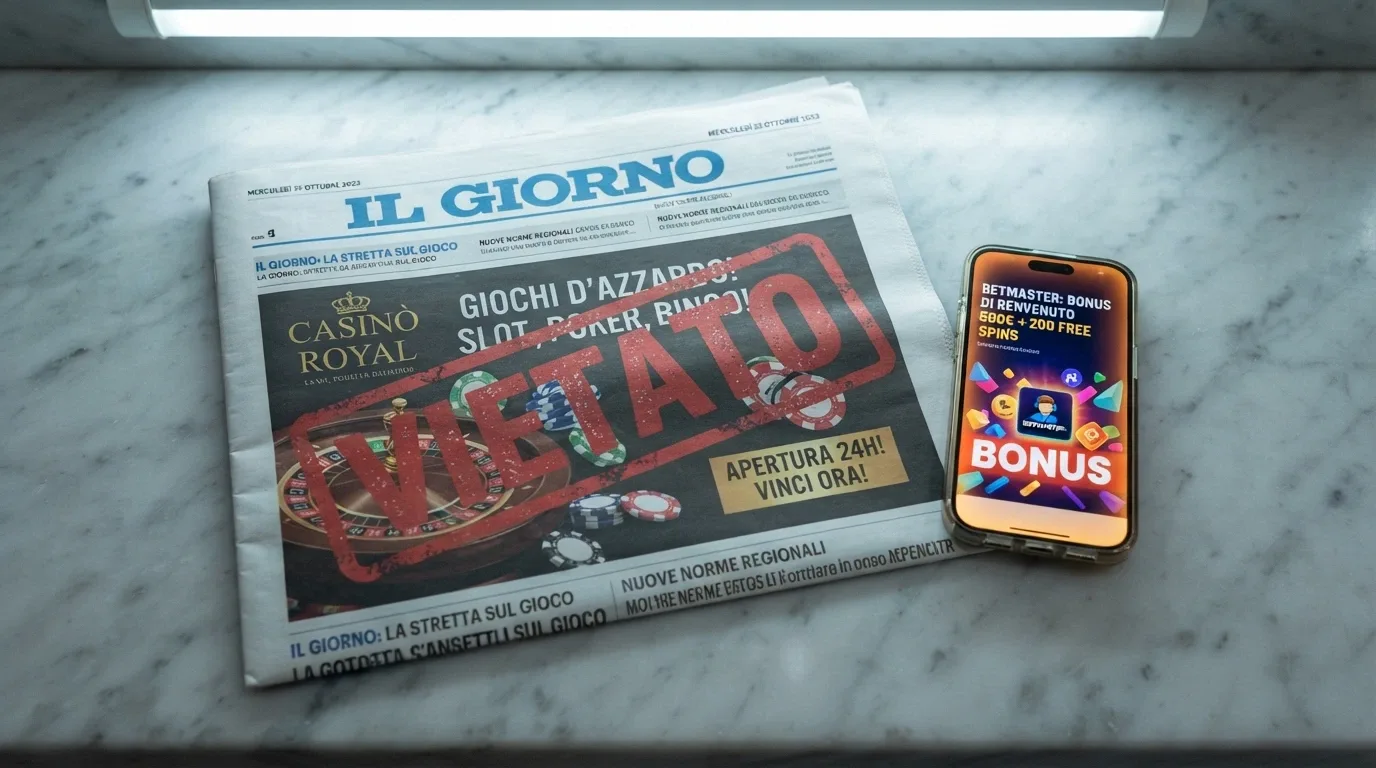 Una pagina di giornale con un annuncio pubblicitario di un casinò barrato da un timbro rosso «vietato», accanto allo schermo di un telefono con un banner promozionale luminoso di un sito non AAMS