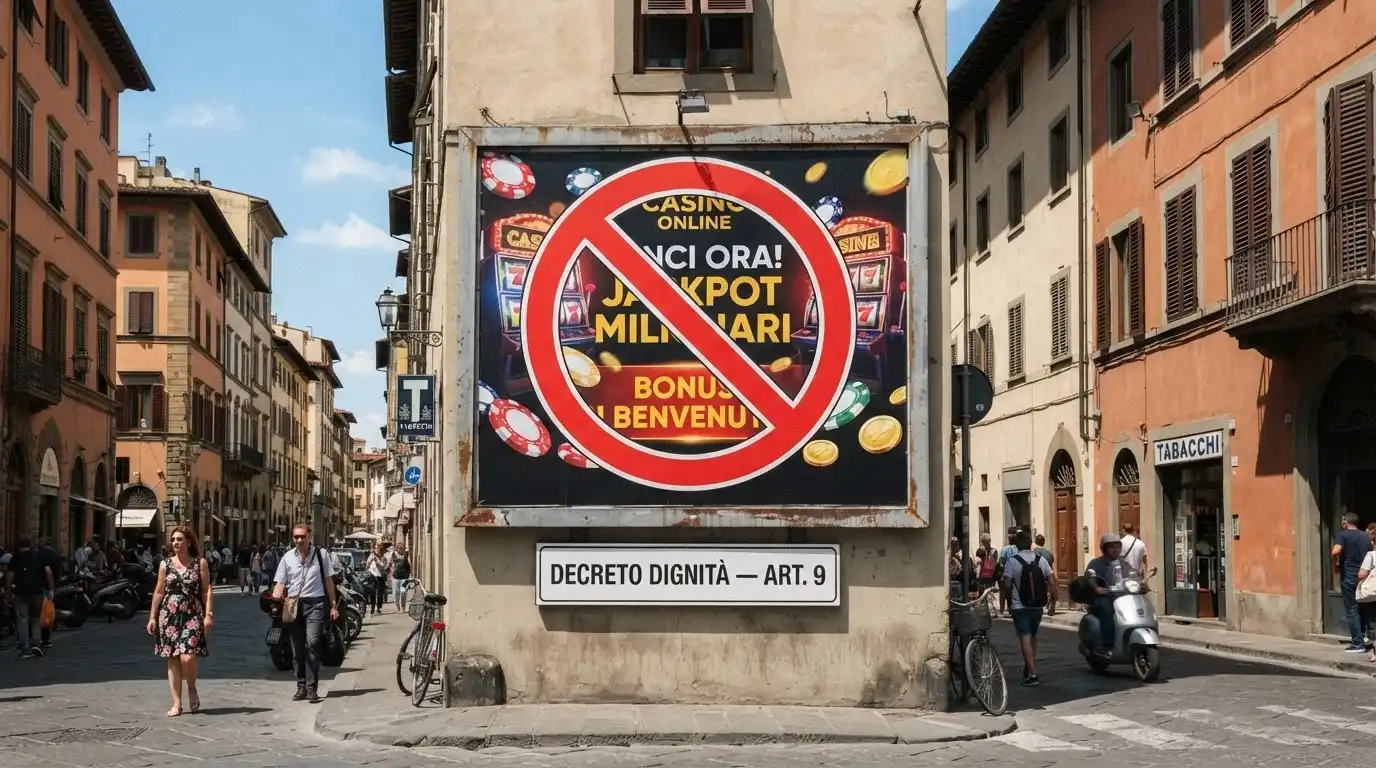 Un cartellone pubblicitario barrato da un segnale di divieto, con il testo «Decreto Dignità — art. 9 — divieto di pubblicità del gioco d'azzardo» in italiano