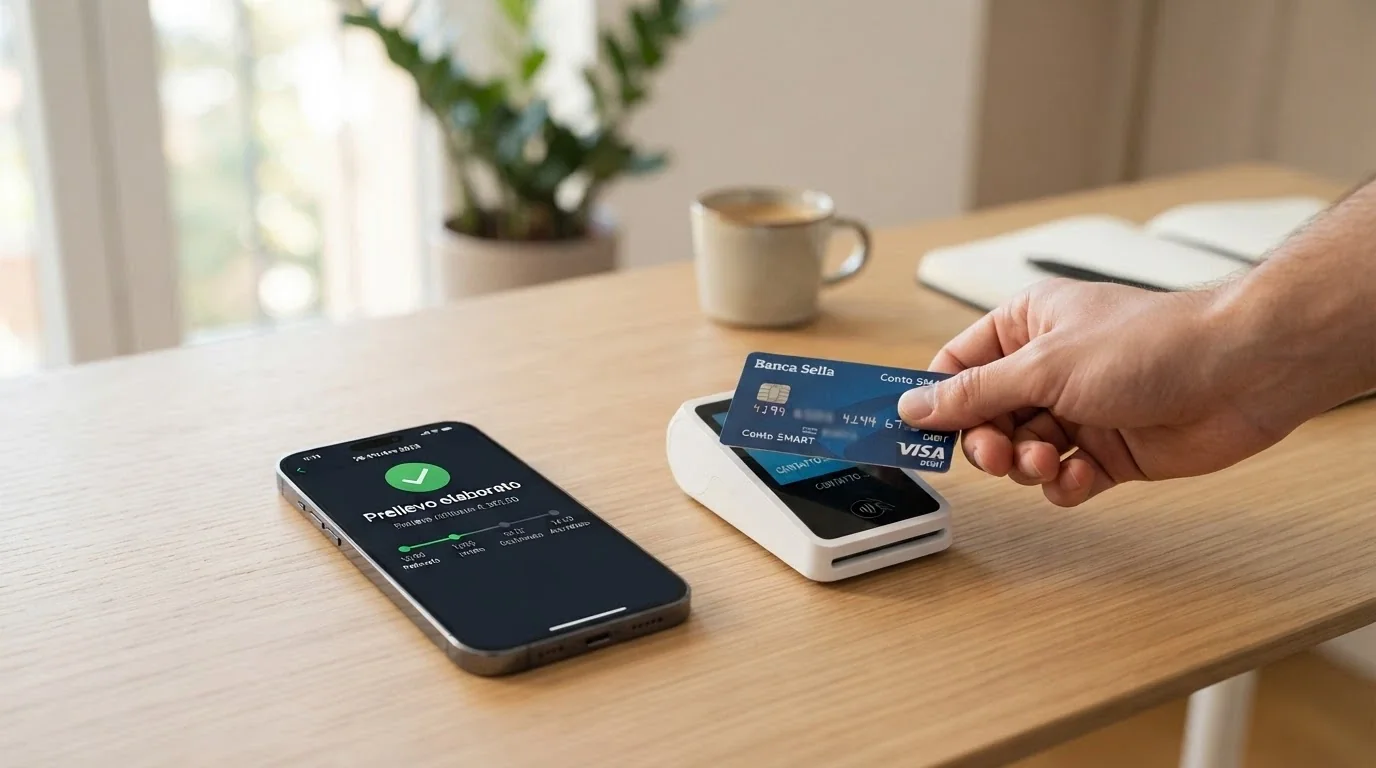 Una mano che inserisce una carta PostePay Evolution in un lettore contactless, con lo schermo di un telefono che mostra la schermata «Prelievo elaborato» e una timeline con le ore accanto