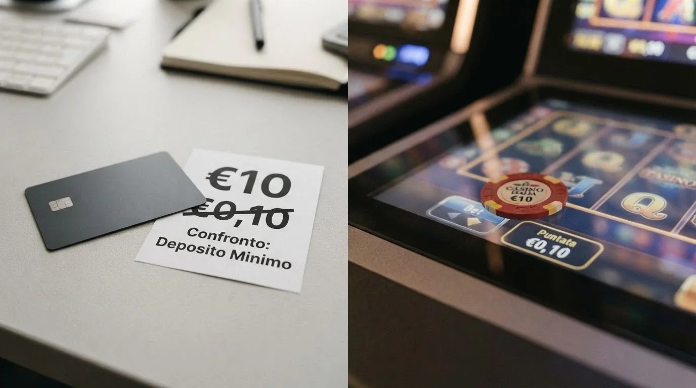 Due colonne affiancate: a sinistra «Deposito minimo» con una carta di credito e la cifra €10 barrata su €0,10, a destra «Puntata minima» con una fiche da 10 centesimi su un piatto di slot