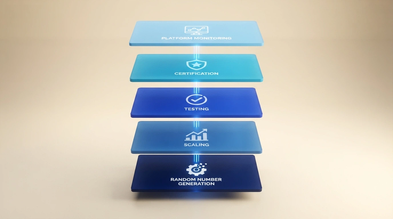 Un diagramma a livelli che mostra la catena: generatore RNG → scaling → test → certificazione → piattaforma di gioco → monitoraggio ADM