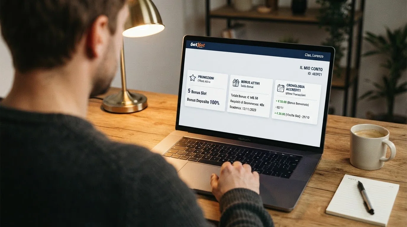 L'interfaccia dell'area personale di un casinò online con le sezioni Promozioni, Bonus attivi e Cronologia accrediti