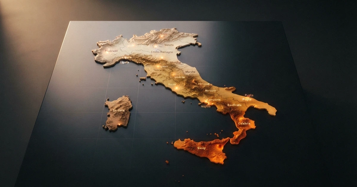 Una mappa dell'Italia con gradienti di colore per regione, dalla Basilicata (tono più intenso) al Trentino-Alto Adige (tono più tenue), a rappresentare la distribuzione geografica della ricerca «casinò non AAMS»