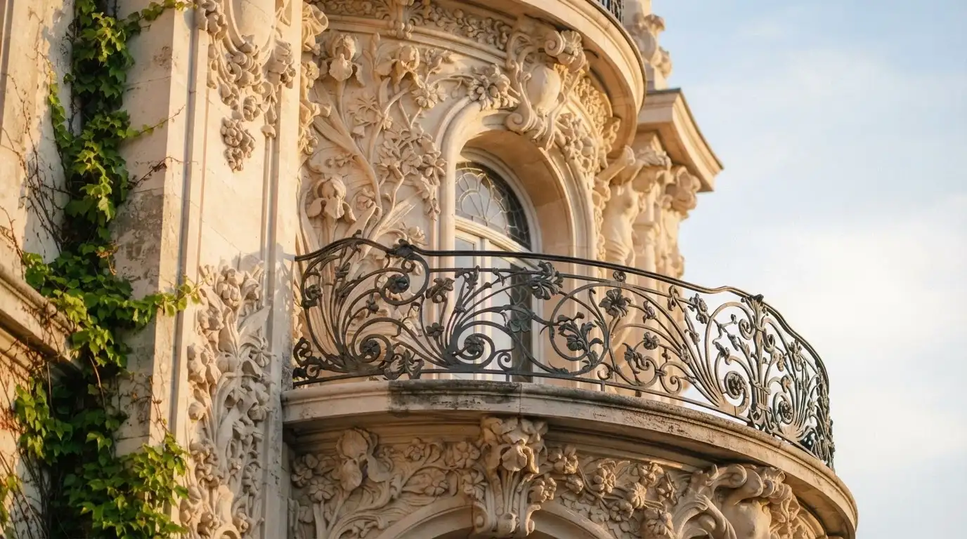 Dettaglio architettonico della facciata liberty del Casinò di Sanremo, con decorazioni floreali e modanature d'epoca