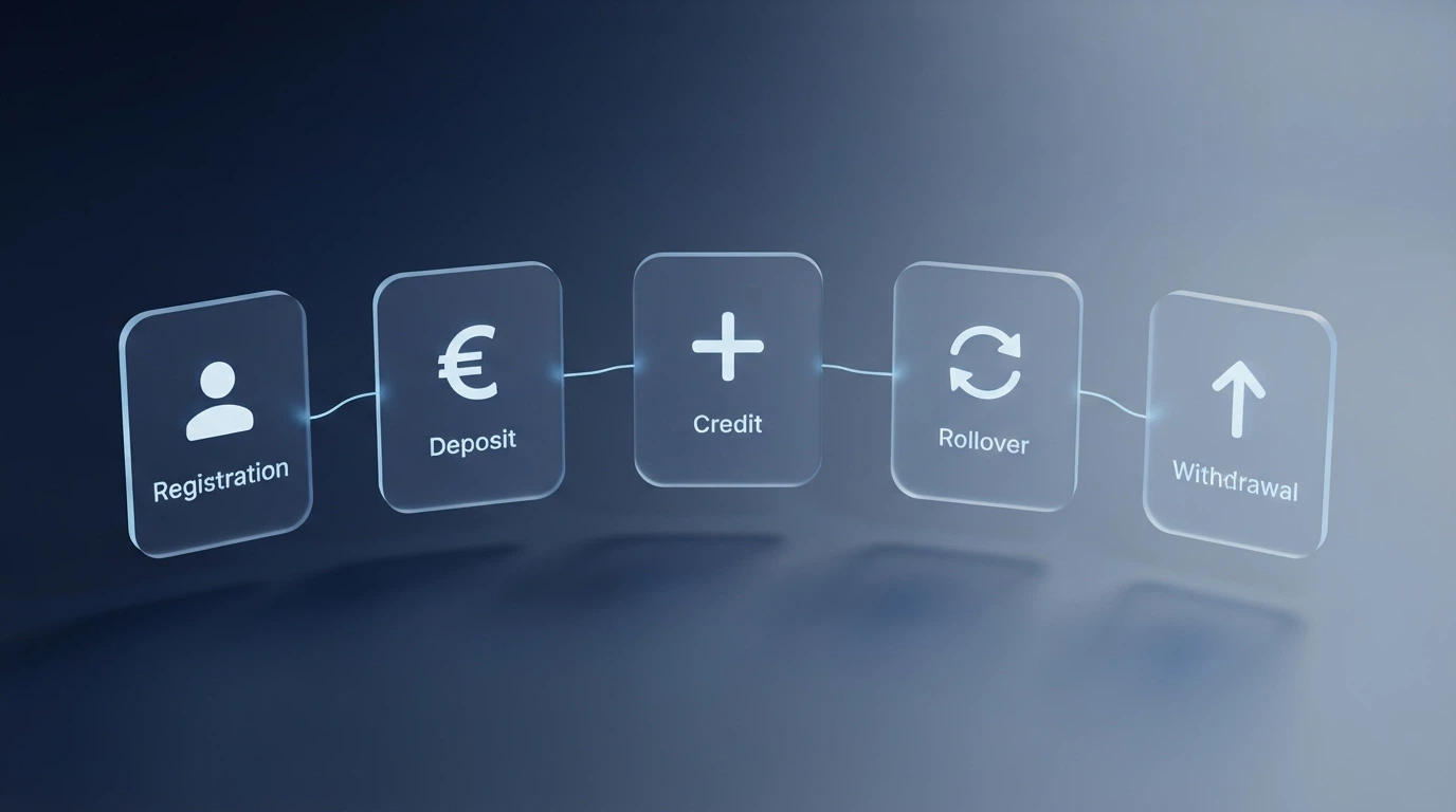Schema visivo che illustra il percorso di un bonus 100%: registrazione, deposito, accredito, rollover, prelievo.