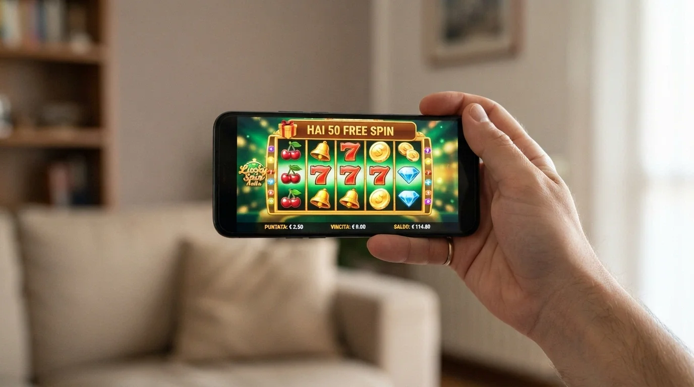 Una mano che tiene uno smartphone in orizzontale con una slot machine in esecuzione e la notifica «Hai 50 Free Spin» in overlay