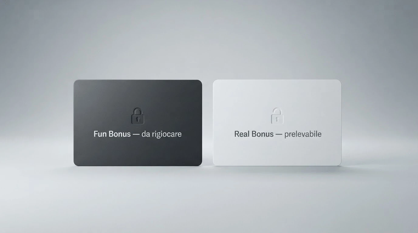 Due portafogli digitali affiancati: uno con l'etichetta «Fun Bonus — da rigiocare» chiuso da un lucchetto, l'altro «Real Bonus — prelevabile» aperto