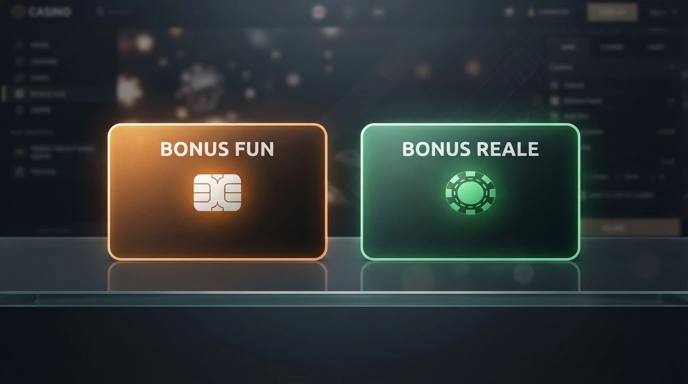 Due portafogli digitali affiancati su un'interfaccia di casinò: uno etichettato «Fun Bonus» con icona a forma di gettone, l'altro «Real Bonus» con icona a forma di banconota