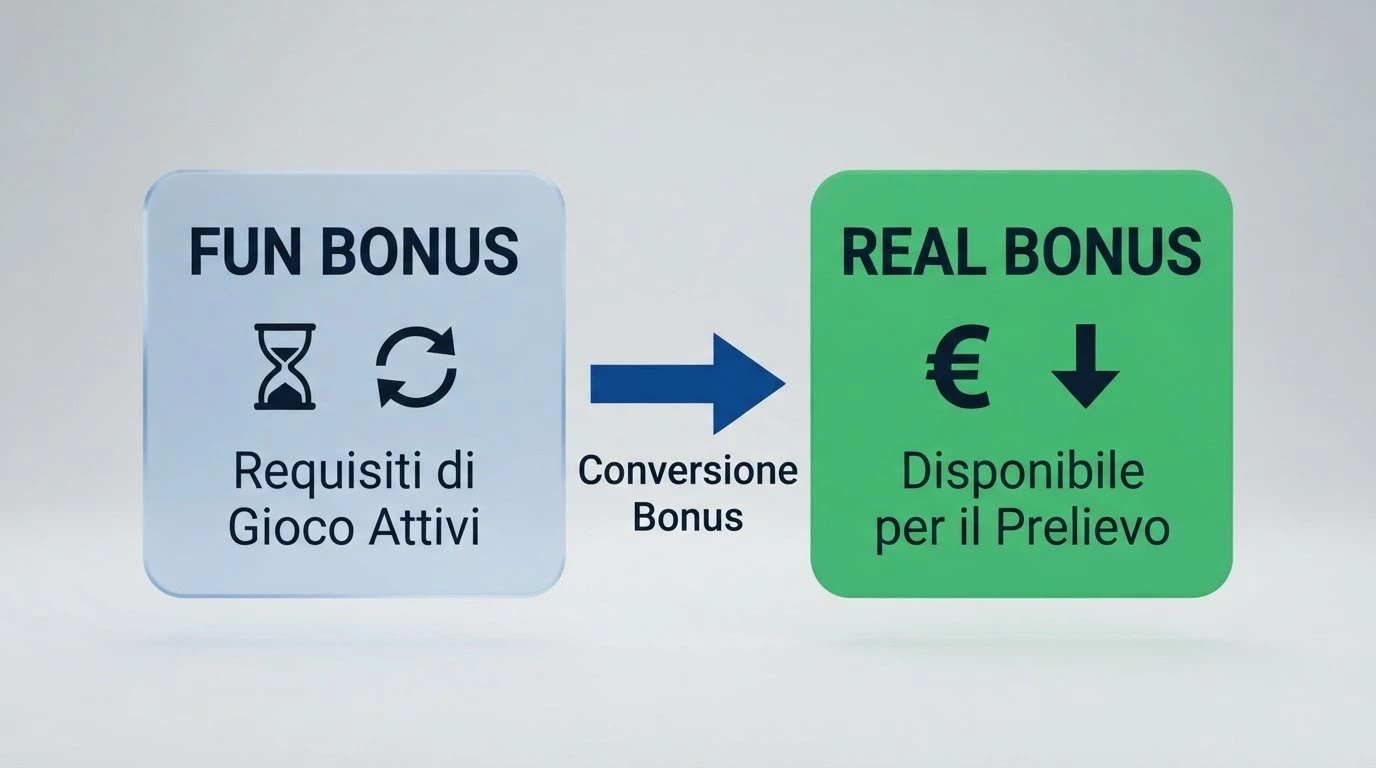 Schema che illustra il percorso da Fun Bonus a Real Bonus con i vincoli di wagering e scadenza
