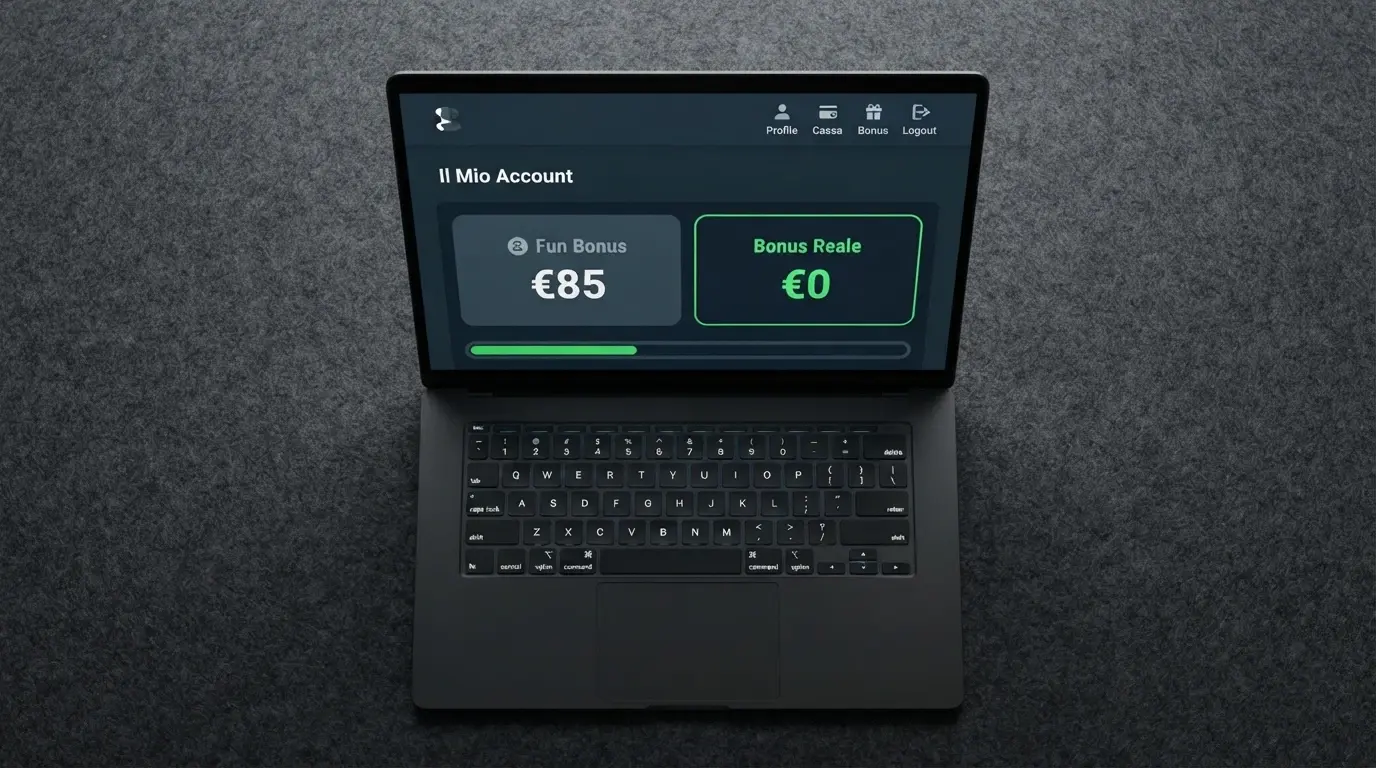 Un'interfaccia di casinò online che mostra due saldi affiancati: «Fun Bonus: 85€» in grigio e «Bonus Reale: 0€» in verde, con una barra di avanzamento del wagering al 40%