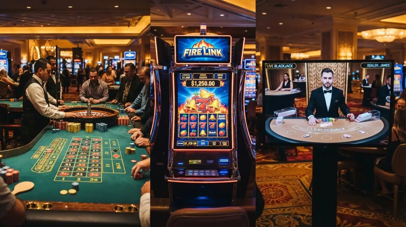 Una composizione orizzontale con tre elementi: un tavolo da roulette a sinistra, una slot machine online al centro e un'interfaccia di live casino a destra