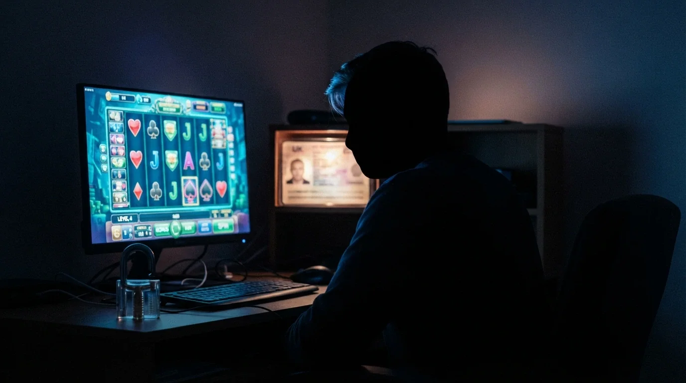 Una sagoma senza volto davanti allo schermo di un computer che mostra un casinò online, con un lucchetto aperto e una carta d'identità in controluce sullo sfondo