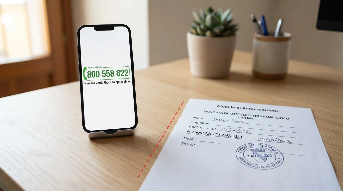 Un telefono con il numero verde 800 558 822 sullo schermo accanto a un modulo di autoesclusione con il sigillo ADM, separati da una linea tratteggiata rossa