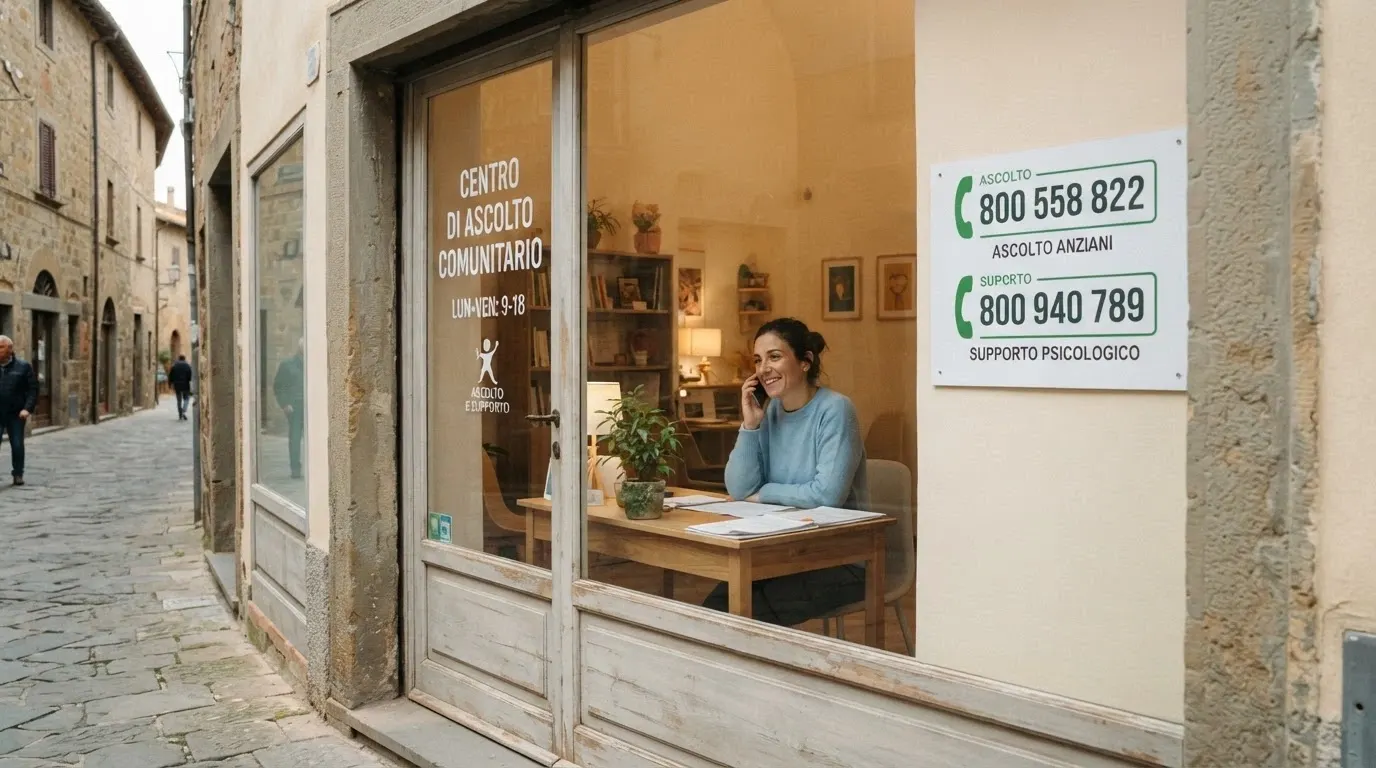 La vetrina di un centro di ascolto con un operatore al telefono, accanto a una schermata che mostra i loghi del TVNGA e del Numero Unico Dipendenze con i rispettivi numeri verdi