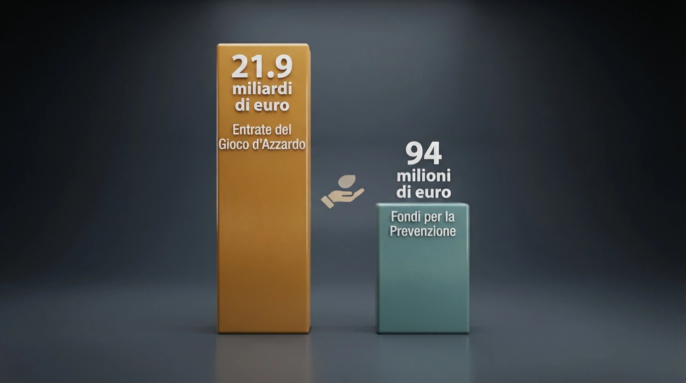 Un grafico a barre che mostra la spesa per gioco in Italia (21,9 miliardi) a confronto con i fondi per la prevenzione (94 milioni), con un'icona di una mano che chiede aiuto
