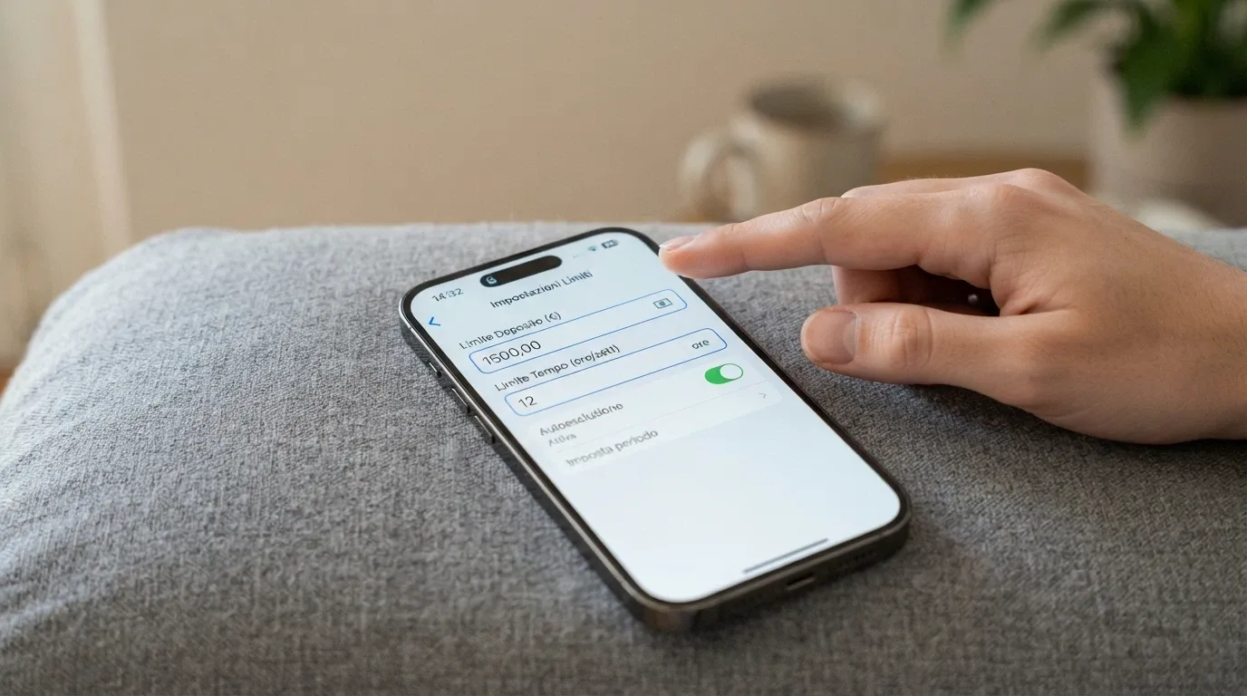 La schermata di impostazione limiti di un'app casinò ADM con i campi «limite deposito», «limite tempo» e «autoesclusione» compilati