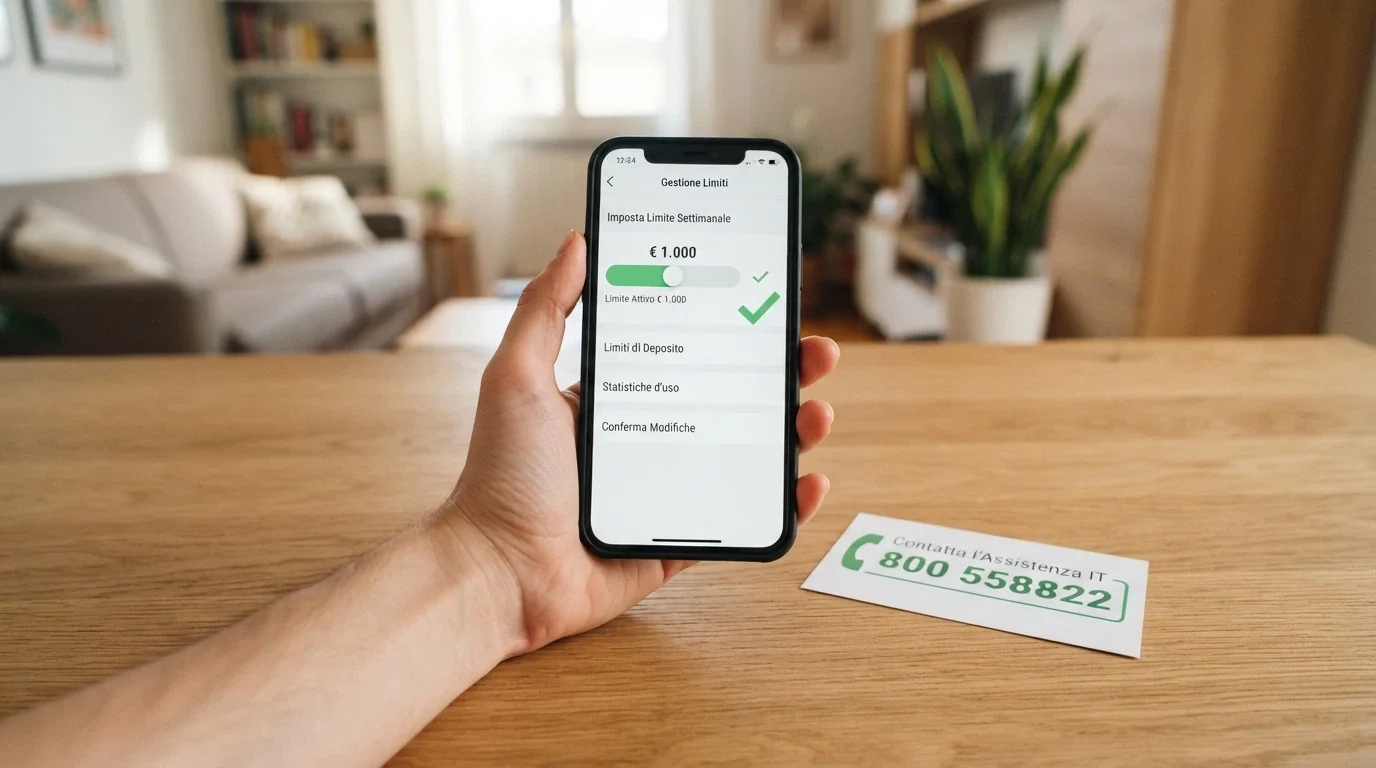 Una mano che imposta un limite su uno smartphone, con un'interfaccia semplice che mostra un cursore per il limite settimanale, accanto il numero verde 800 558822