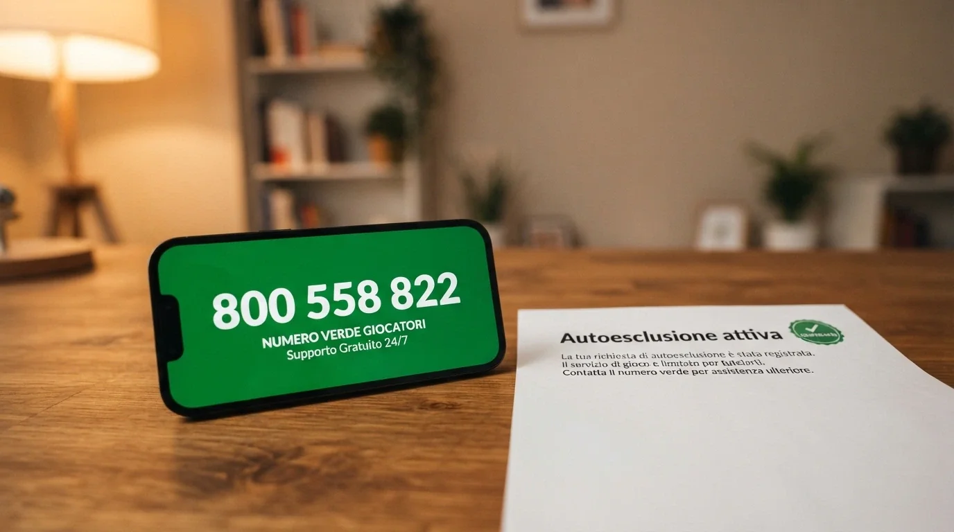 Un telefono con il numero verde 800 558 822 sul display, appoggiato su una scrivania accanto a un foglio con il logo RUA e la scritta «Autoesclusione attiva», illuminato da una luce calda e rassicurante