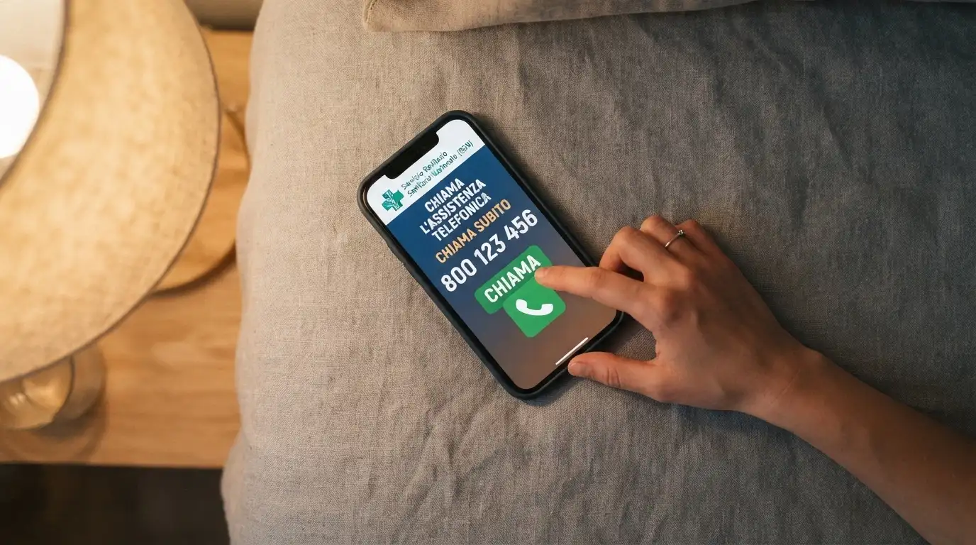 Una mano che digita un numero verde su un telefono, lo schermo mostra «800 558822 — Telefono Verde contro le dipendenze» e accanto il logo del Servizio Sanitario Nazionale