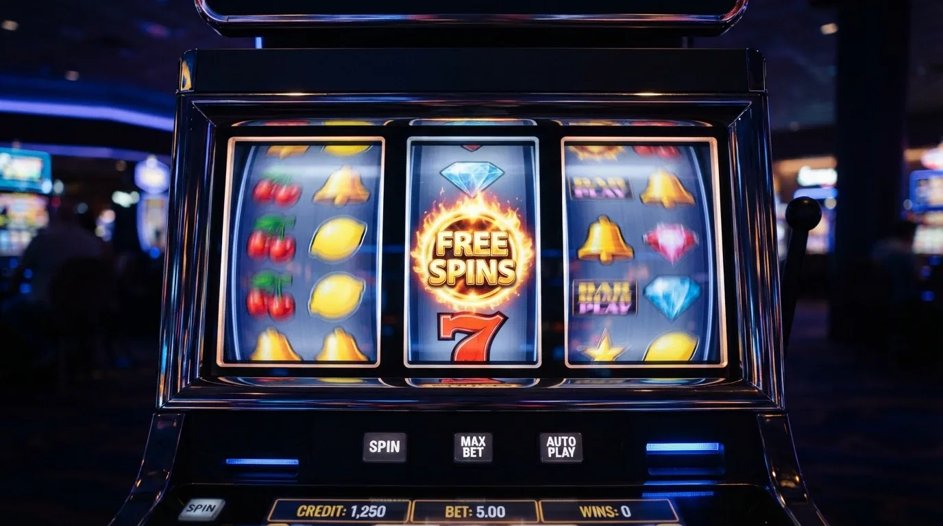 Tre rulli di una slot machine stilizzata in movimento, con il simbolo delle free spin illuminato al centro dello schermo