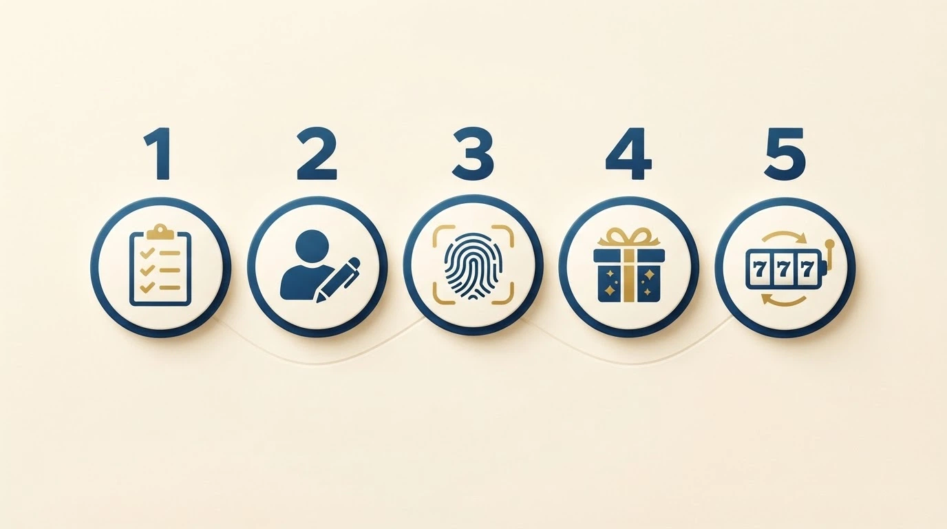 Una sequenza di cinque icone numerate da 1 a 5 che illustrano i passi: scegli operatore, registrati, verifica identità, ricevi bonus, apri la slot