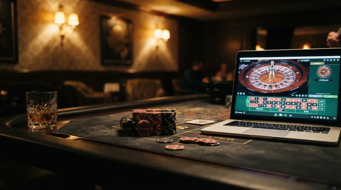 Un tavolo da gioco premium con fiches di alto valore, un calice e l'interfaccia di un casinò online sullo sfondo