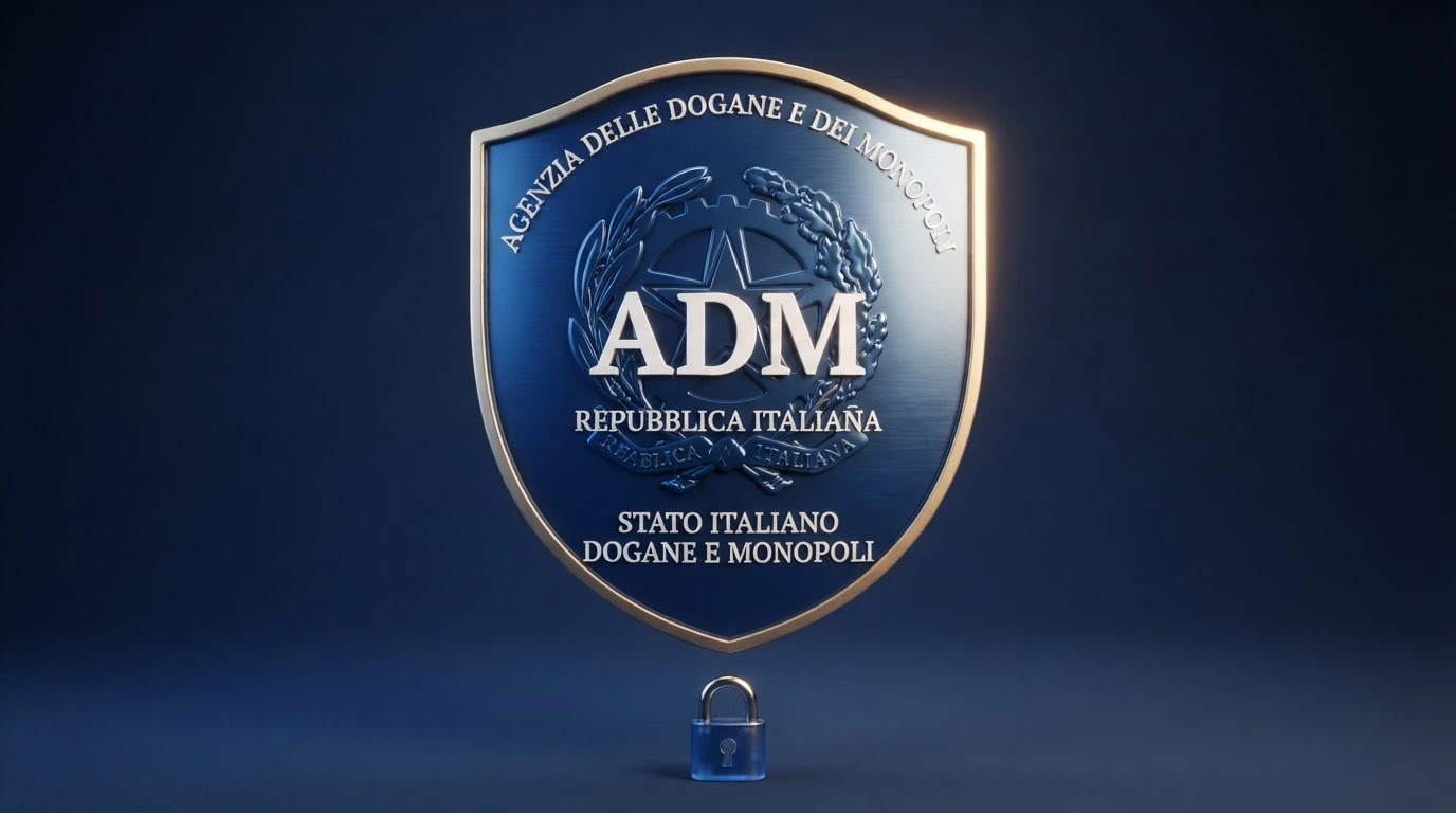 Il logo ufficiale dell'Agenzia delle Dogane e dei Monopoli accanto alla scritta «Concessione ADM» su uno sfondo istituzionale blu