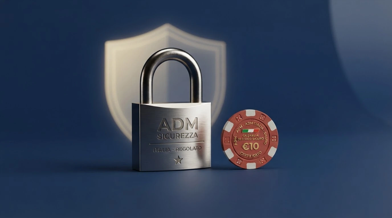 Il logo dell'Agenzia delle Dogane e dei Monopoli accanto a un lucchetto su sfondo che richiama l'interfaccia di un casinò online