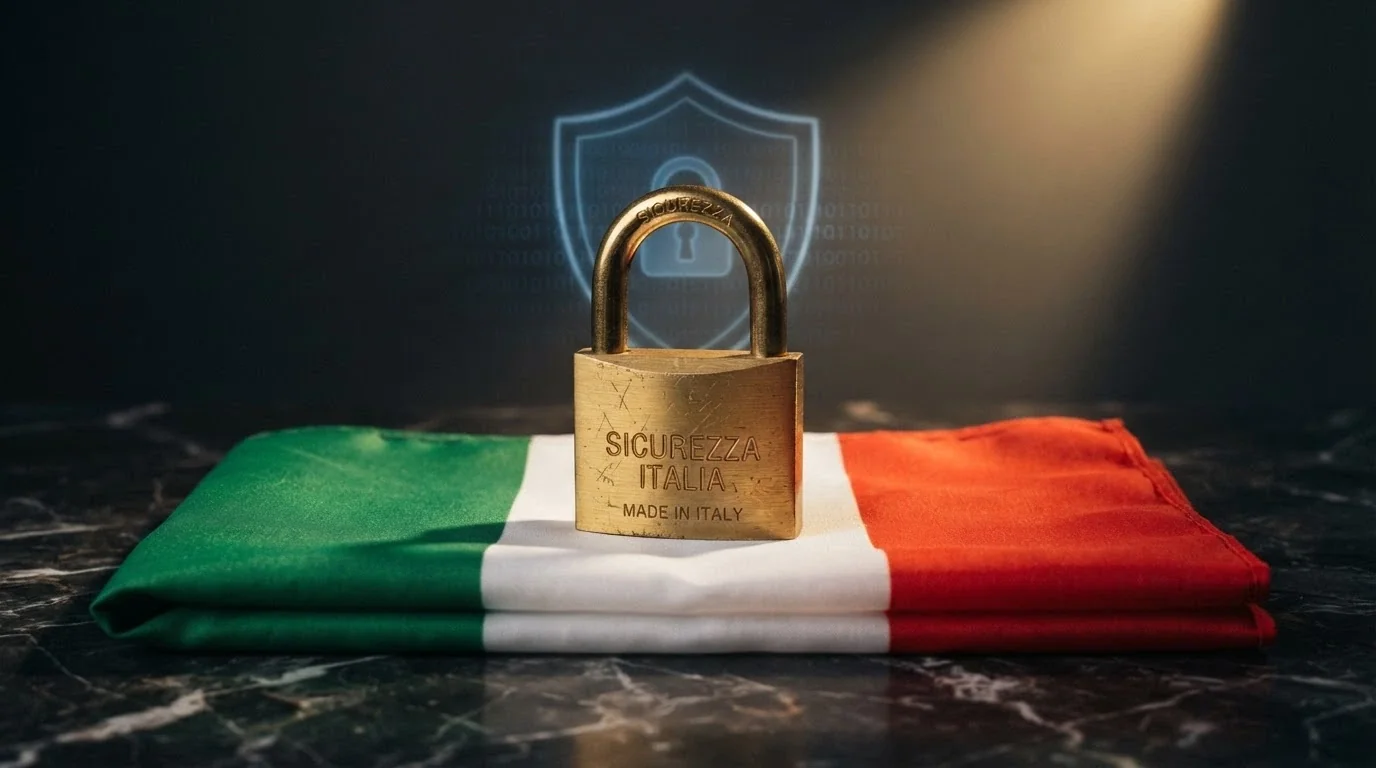 Il logo ufficiale dell'Agenzia delle Dogane e dei Monopoli accanto a un lucchetto digitale e alla bandiera italiana, su uno sfondo di testo normativo