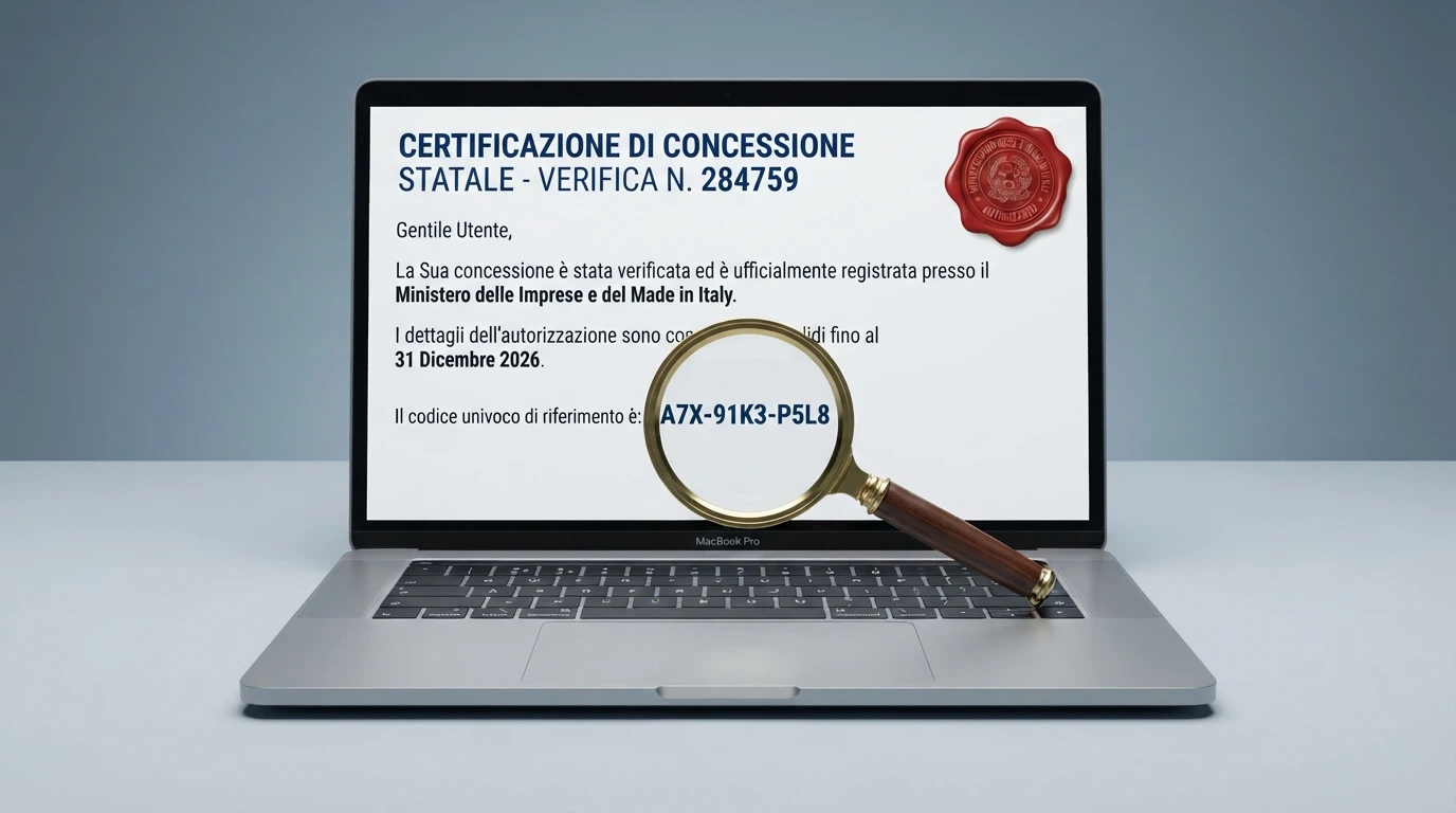 Il logo ufficiale dell'Agenzia delle Dogane e dei Monopoli accanto a un timbro «Concessione ADM» su un documento, con una lente di ingrandimento che ne evidenzia il numero GAD