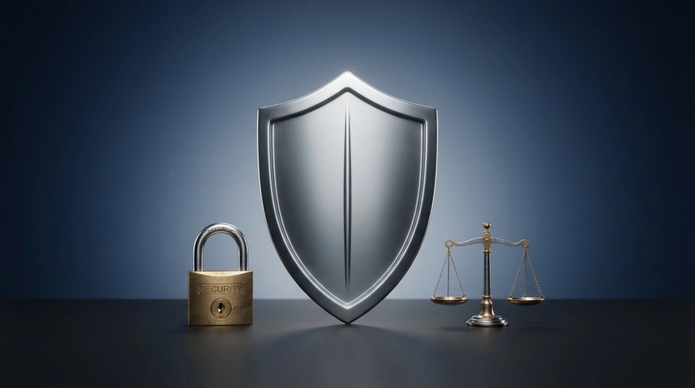 Un rendering del logo ADM accanto a uno scudo che racchiude icone di protezione: un lucchetto, una bilancia, un telefono per l'assistenza