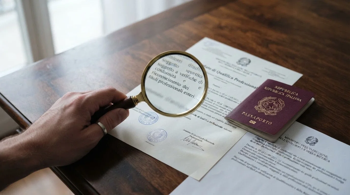 Un certificato di licenza di gioco con sigillo ufficiale posato su un tavolo accanto a un passaporto italiano e a un documento dell'Agenzia delle Dogane e dei Monopoli