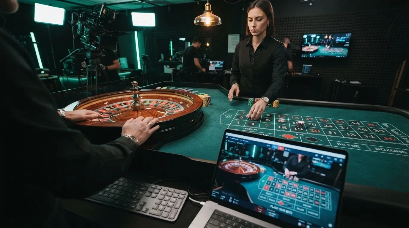 Tavolo di roulette dal vivo con croupier in streaming HD e interfaccia di puntata digitale a schermo