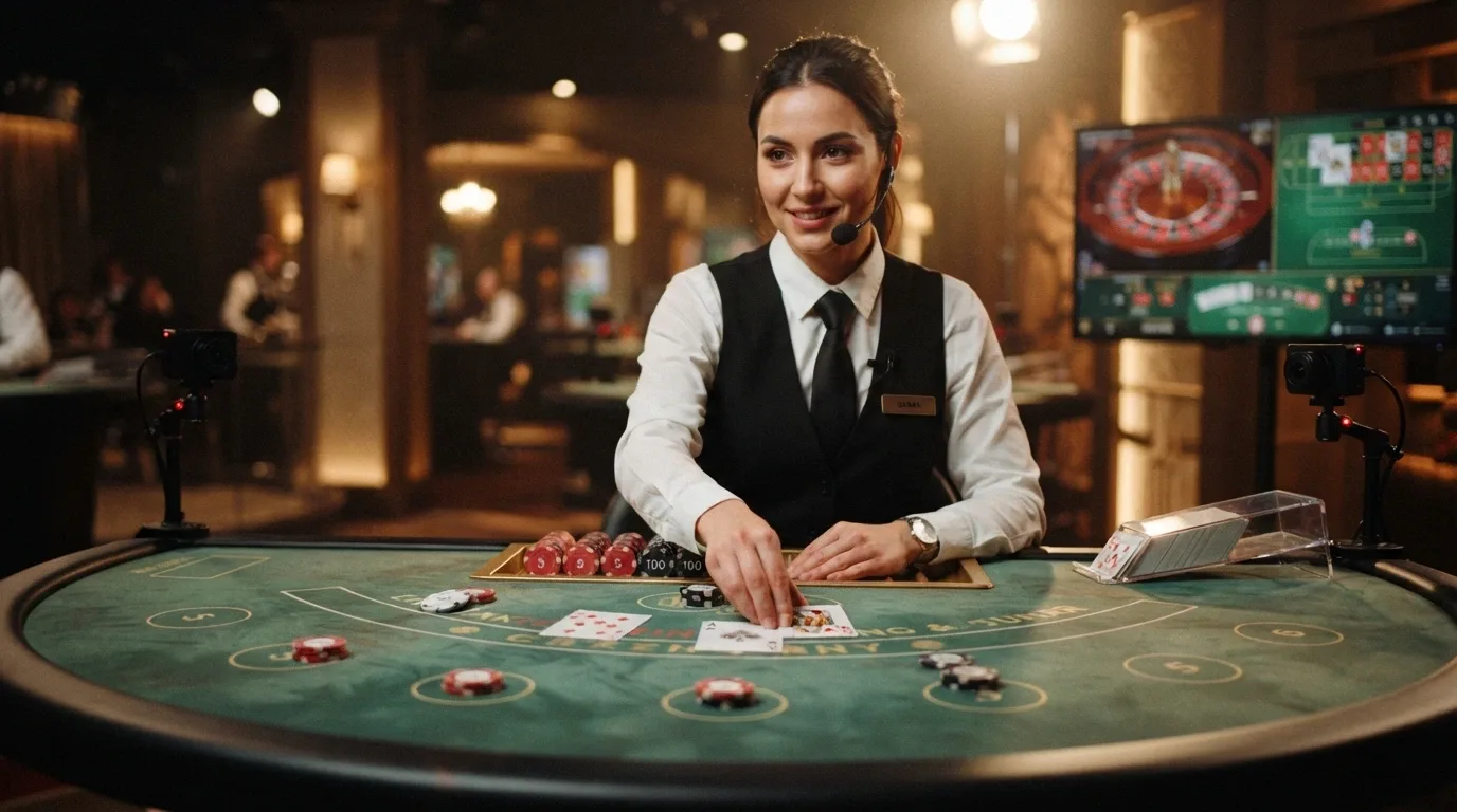 Dealer dal vivo in smoking a un tavolo di blackjack o roulette in streaming HD