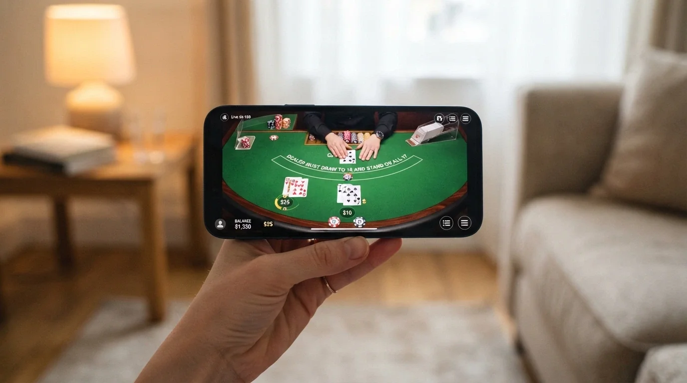 Uno smartphone in mano con un tavolo da blackjack live in landscape mode, sfondo di un salotto domestico