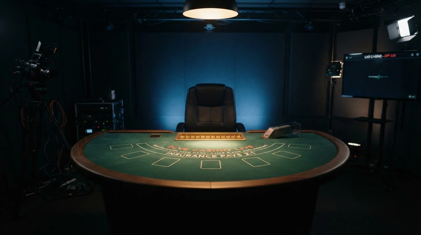Un tavolo da gioco vuoto con la sedia del dealer in controluce, inquadratura ampia di uno studio live dopo la chiusura